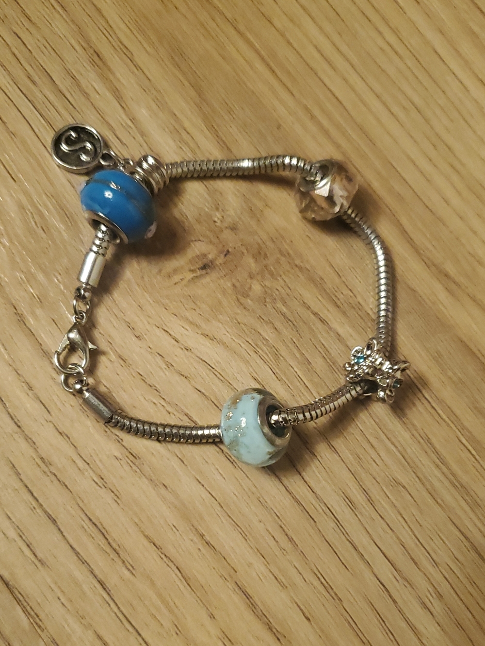 Source Unknown Silver Bracelet with Blue and Aqua Glass Beads
